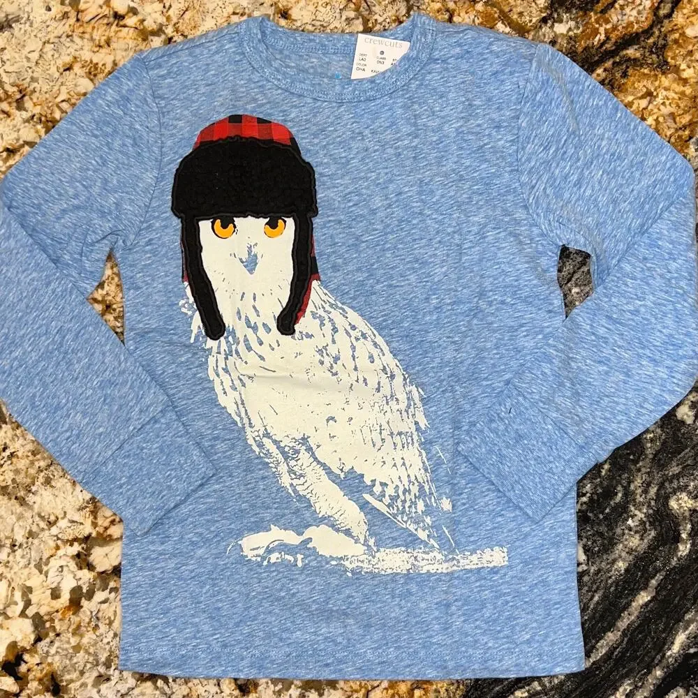 NWT J. Crew Boys' Light Blue W/Sherpa Owl Long Sleeve Tee
